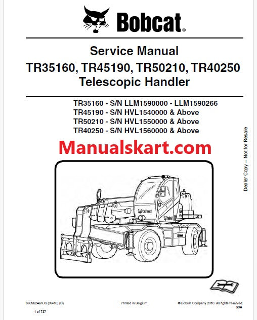 Bobcat TR35160, TR45190, TR50210, TR40250 Telescopic Handler Pdf Repair Service Manual (Pb no. 6989624enUS)