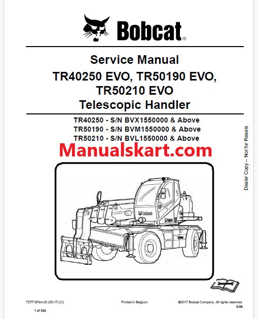 Bobcat TR40250 EVO, TR50190 EVO, TR50210 EVO Telescopic Handler Pdf Repair Service Manual (Pb no. 7277187enUS)