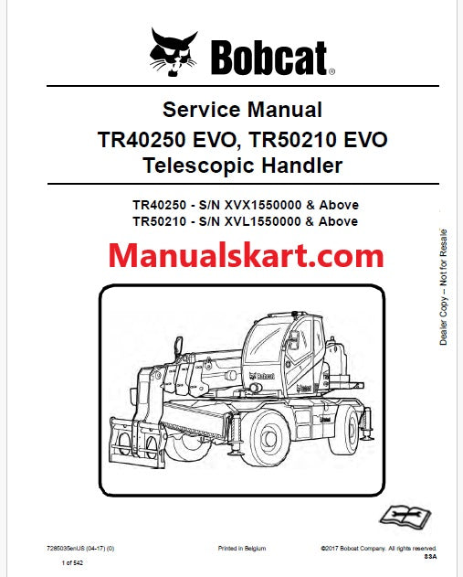 Bobcat TR40250 EVO, TR50210 EVO Telescopic Handler Pdf Repair Service Manual (Pb no. 7285035enUS)