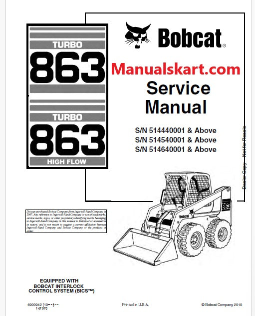 Bobcat Turbo 863, Turbo 863 High Flow Skid Steer Loader Pdf Repair Service Manual