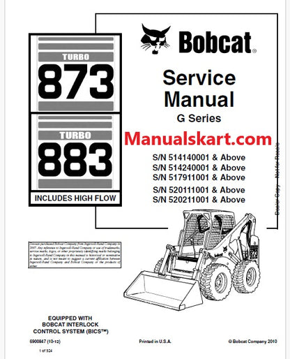 Bobcat Turbo 873, Turbo 883 High Flow Skid Steer Loader Pdf Repair Service Manual