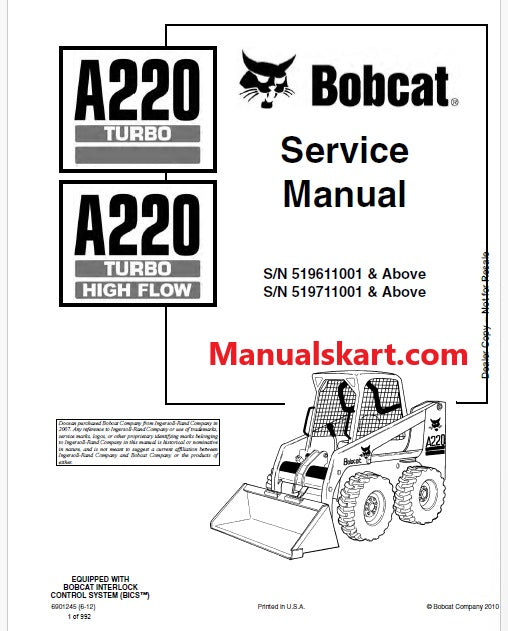 Bobcat Turbo A220, Turbo A220 High Flow Skid Steer Loader Pdf Repair Service Manual