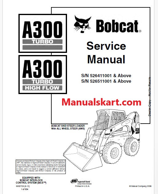 Bobcat Turbo A300, Turbo A300 High Flow Skid Steer Loader Pdf Repair Service Manual (Pb no. 6902728)