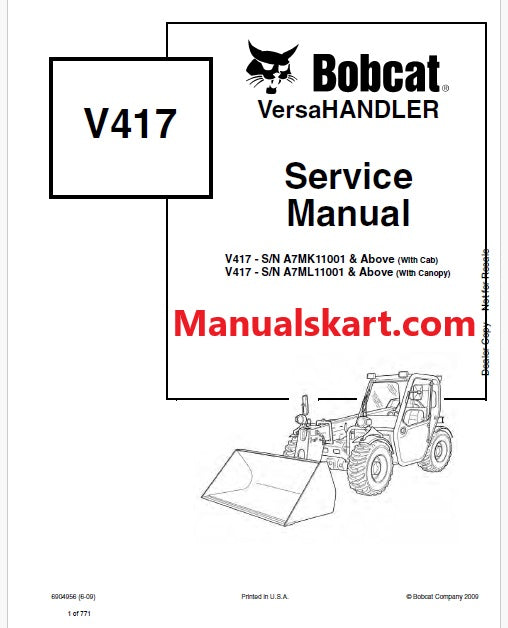 Bobcat V417 Telescopic VersaHANDLER Pdf Repair Service Manual (Pb no. 6904956)