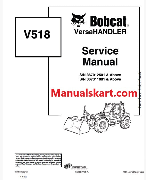 Bobcat V518 Telescopic VersaHANDLER Pdf Repair Service Manual (Pb no. 6202406)