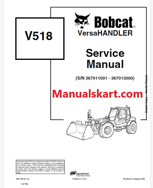 Bobcat V518 Telescopic VersaHANDLER Pdf Repair Service Manual (Pb no. 6901769)