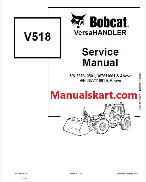 Bobcat V518 Telescopic VersaHANDLER Pdf Repair Service Manual (Pb no. 6902756)