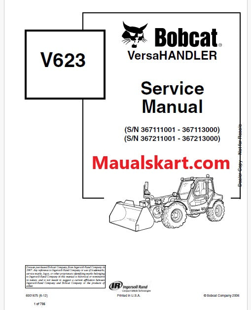 Bobcat V623 Telescopic Tool Carrier Pdf Repair Service Manual (Pb no. 6901675)