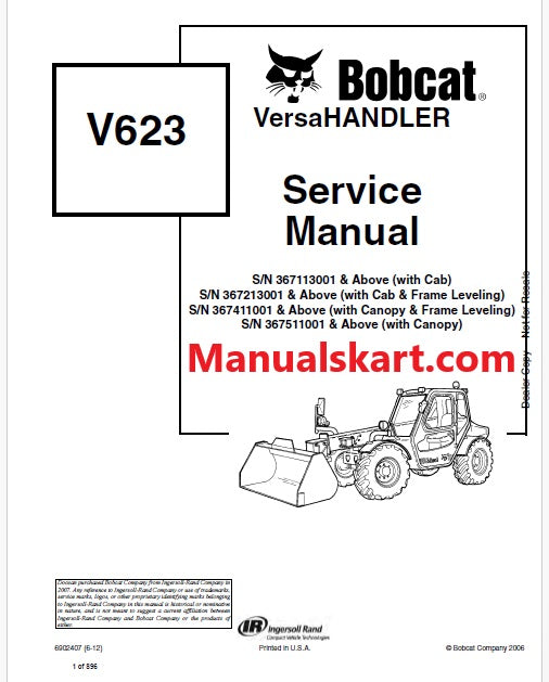 Bobcat V623 Telescopic Tool Carrier Pdf Repair Service Manual (Pb no. 6902407)