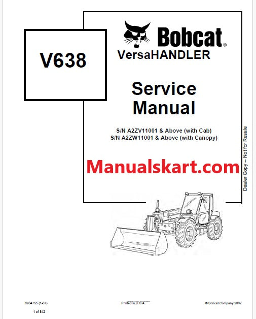 Bobcat V638 Telescopic VersaHANDLER Pdf Repair Service Manual (Pb no. 6904755)