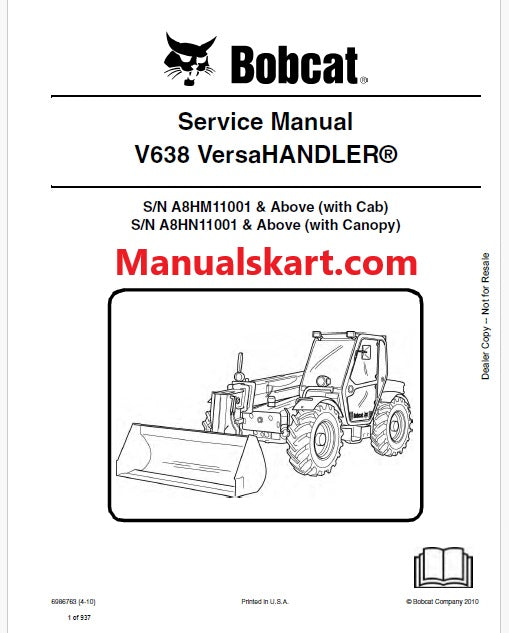 Bobcat V638 Telescopic VersaHANDLER Pdf Repair Service Manual (Pb no. 6986763)