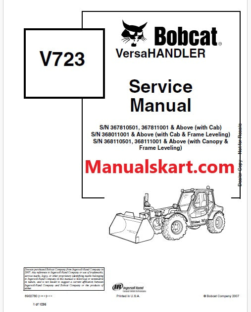 Bobcat V723 Telescopic VersaHANDLER Pdf Repair Service Manual (Pb no. 6902760)