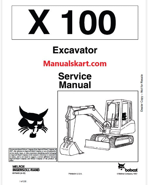 Bobcat X100 Excavator Pdf Repair Service Manual