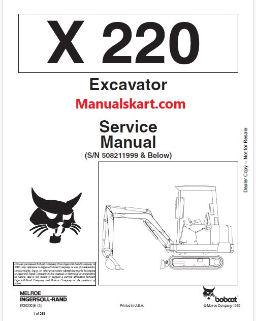 Bobcat X220 Excavator Pdf Repair Service Manual