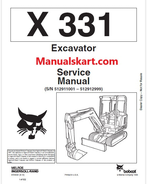 Bobcat X331 Compact Excavator Pdf Repair Service Manual (S/N 512911001 – 512912999)