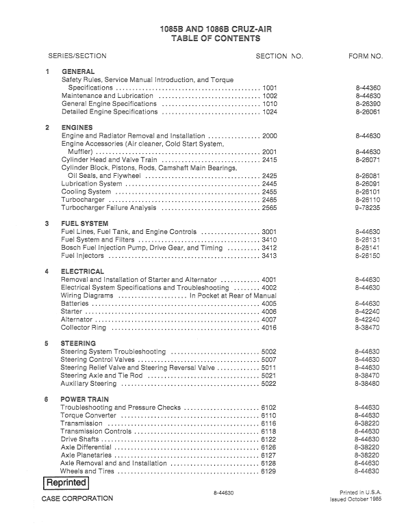 Case 1085B, 1086B Cruz-air Excavator Pdf Repair Service Manual (Pb. No. 8-44630)