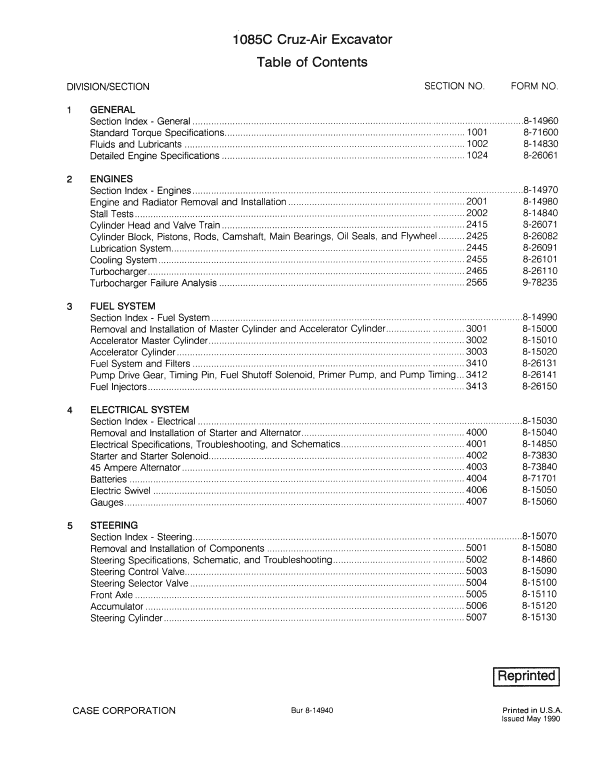 Case 1085C Excavator Cruz-air Pdf Repair Service Manual (Pb. No. 8-14930)