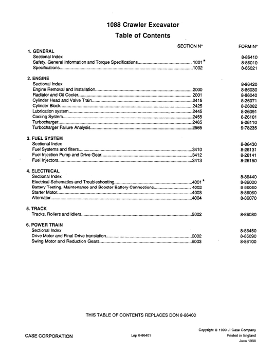 Case 1088 Crawler Excavator Pdf Repair Service Manual (Pb. No. 8-86382)