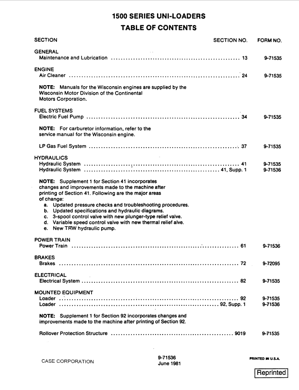 Case 1500 Series Uni-loader 1500, 1526, 1530, 1530B, 1537 Skid Steer Loader Pdf Repair Service Manual (Pb. No. 9-71536)