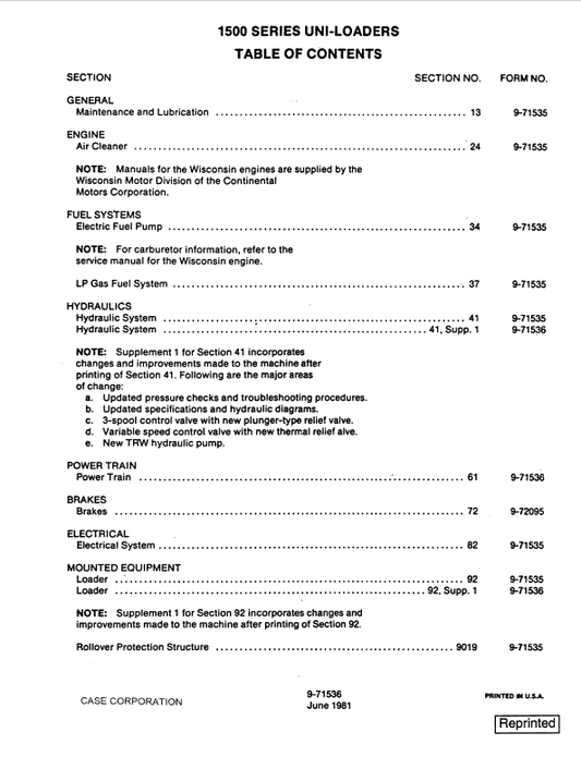 Case 1500 Series Uni-loader 1500, 1526, 1530, 1530B, 1537 Skid Steer Loader Pdf Repair Service Manual (Pb. No. 9-71536)