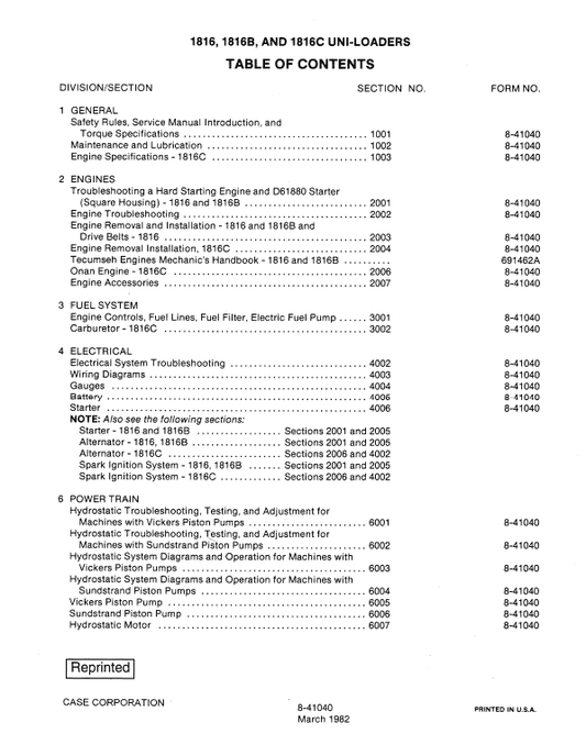 Case 1816, 1816B, 1816C Uni Loader Skid Steer Loader Pdf Repair Service Manual