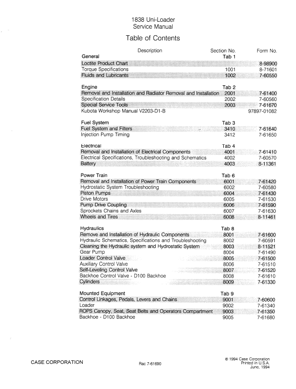 Case 1838 Uni-loader Skid Steer Loader Pdf Repair Service Manual (Pb. No. 7-61200, 7-61690)