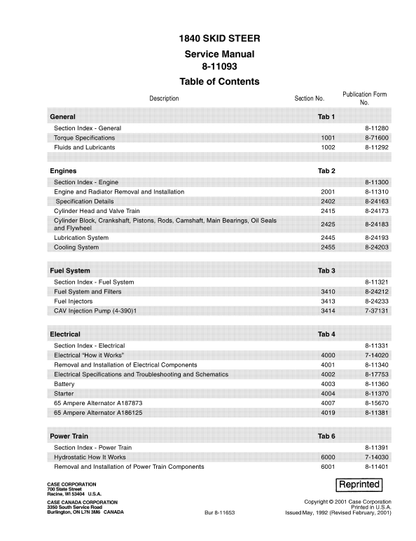 Case 1840 Skid Steer Loader Pdf Repair Service Manual (Pb. No. 8-11093)
