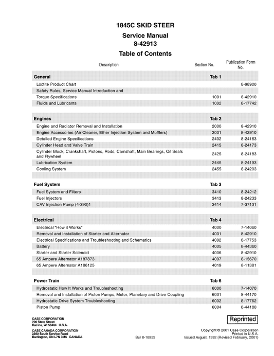 Case 1845C Skid Steer Loader Uni Loader Pdf Repair Service Manual (Pb. No. 8-42913)