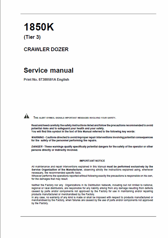 Case 1850K Crawler Dozer Bulldozer Pdf Repair Service Manual (Tier 3) (Pb. No. 87388581A)