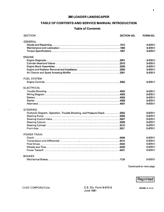 Case 380 Loader Landscaper Pdf Repair Service Manual (Pb. No. 9-67012)