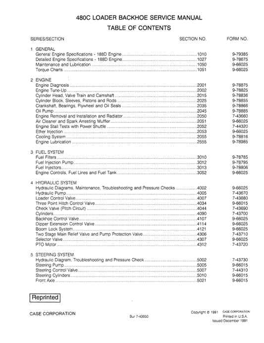 Case 480C Loader Backhoe Pdf Repair Service Manual (Pb. No. 9-66026, Bur 7-43650)