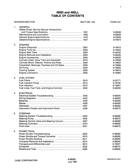 Case 480D, 480LL Backhoe Loader Pdf Repair Service Manual (Pb. No. 9-69260)