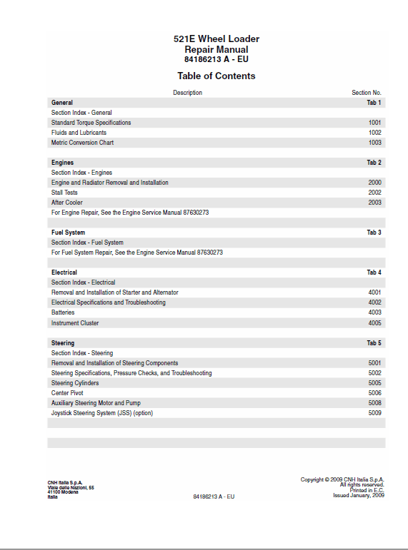 Case 521E Wheel Loader Pdf Repair Service Manual (Pb. No. 84186213)