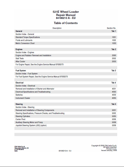 Case 521E Wheel Loader Pdf Repair Service Manual (Pb. No. 84186213)