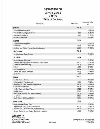 Case 550H Crawler Dozer Bulldozer Pdf Repair Service Manual (Pb. No. 7-16170)