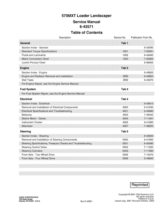 Case 570MXT Loader Landscaper Pdf Repair Service Manual (Pb. No. 6-43571)