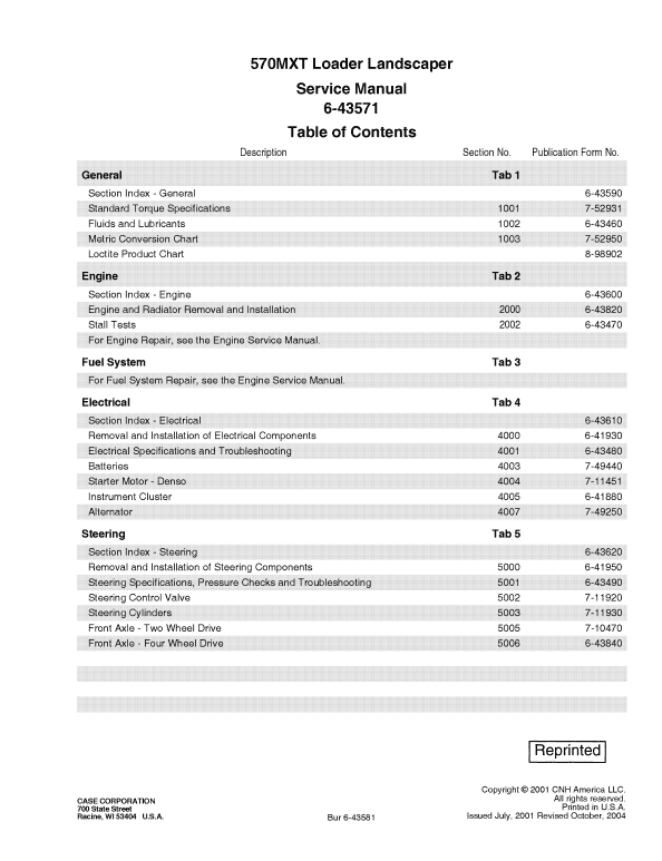 Case 570MXT Loader Landscaper Pdf Repair Service Manual (Pb. No. 87728463)