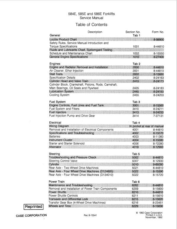 Case 584E, 585E, 586E Forklifts Pdf Repair Service Manual (Pb. No. 8-15541)