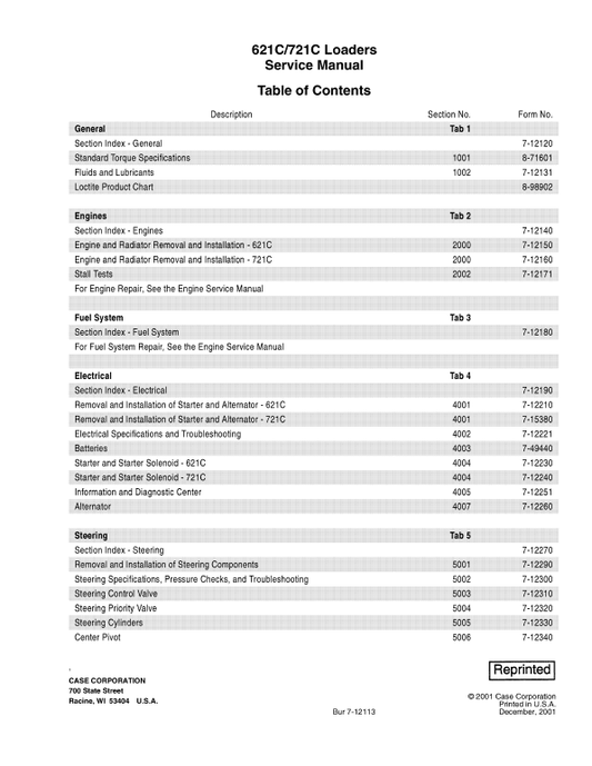 Case 621C, 721C Loaders Pdf Repair Service Manual (Pb. No. 7-12073, 7-12113)