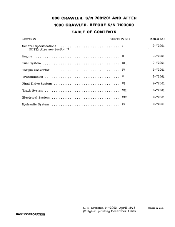 Case 800, 1000 Crawler Dozer Pdf Repair Service Manual (Pb. No. 9-72062)