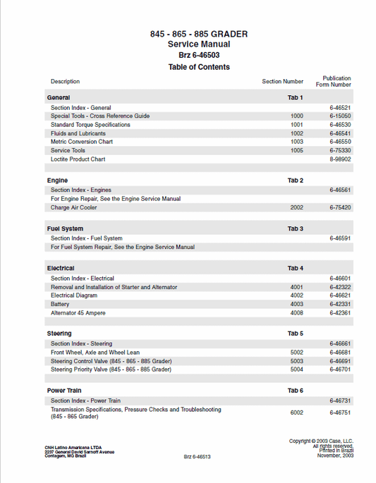 Case 845, 865, 885 Grader Pdf Repair Service Manual (Pb. No. 6-46503)