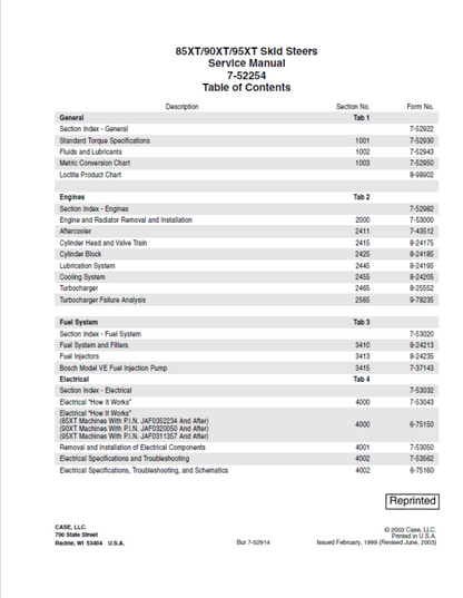 Case 85XT, 90XT, 95XT Skid Steer Loader Pdf Repair Service Manual