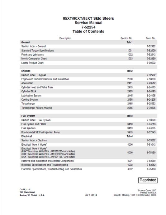 Case 85XT, 90XT, 95XT Skid Steer Loader Pdf Repair Service Manual