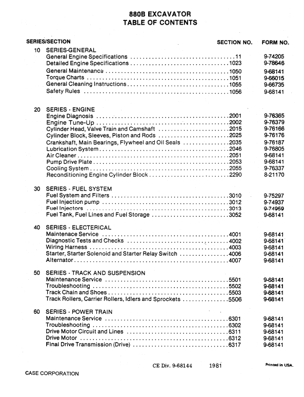 Case 880B Excavator Pdf Repair Service Manual (Pb. No. 9-68144)