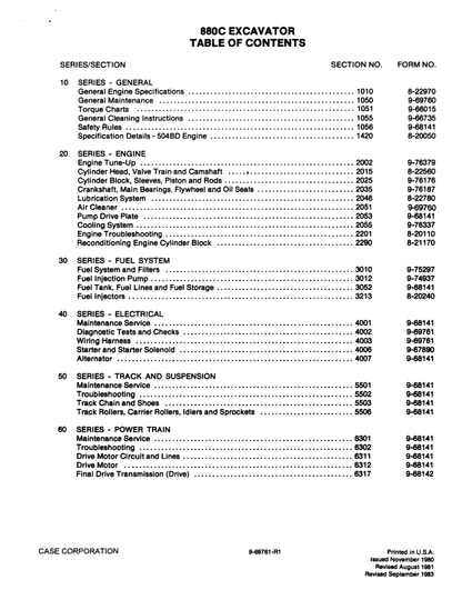 Case 880C Excavator Pdf Repair Service Manual (Pb. No.9-69762)