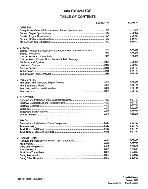 Case 888 Excavator Pdf Repair Service Manual (Pb. No. 8-66552)