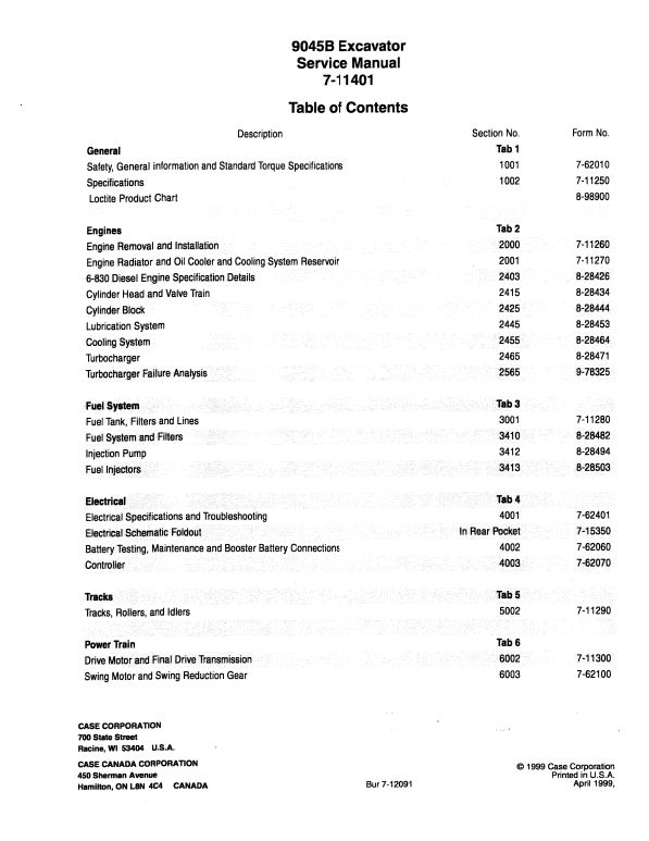 Case 9045B Excavator Pdf Repair Service Manual (Pb. No. 7-11401)