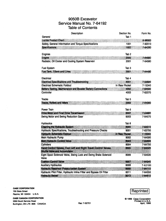 Case 9050B Excavator Pdf Repair Service Manual (Pb. No. 7-64192)