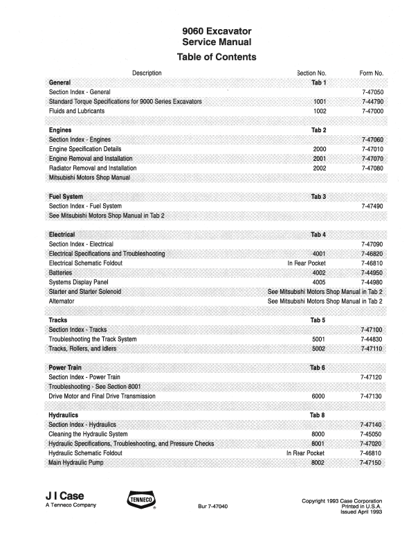 Case 9060 Hydraulic Excavator Pdf Repair Service Manual (Pb. No. 7-44710)