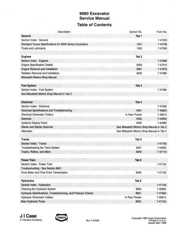 Case 9060 Hydraulic Excavator Pdf Repair Service Manual (Pb. No. 7-47040)
